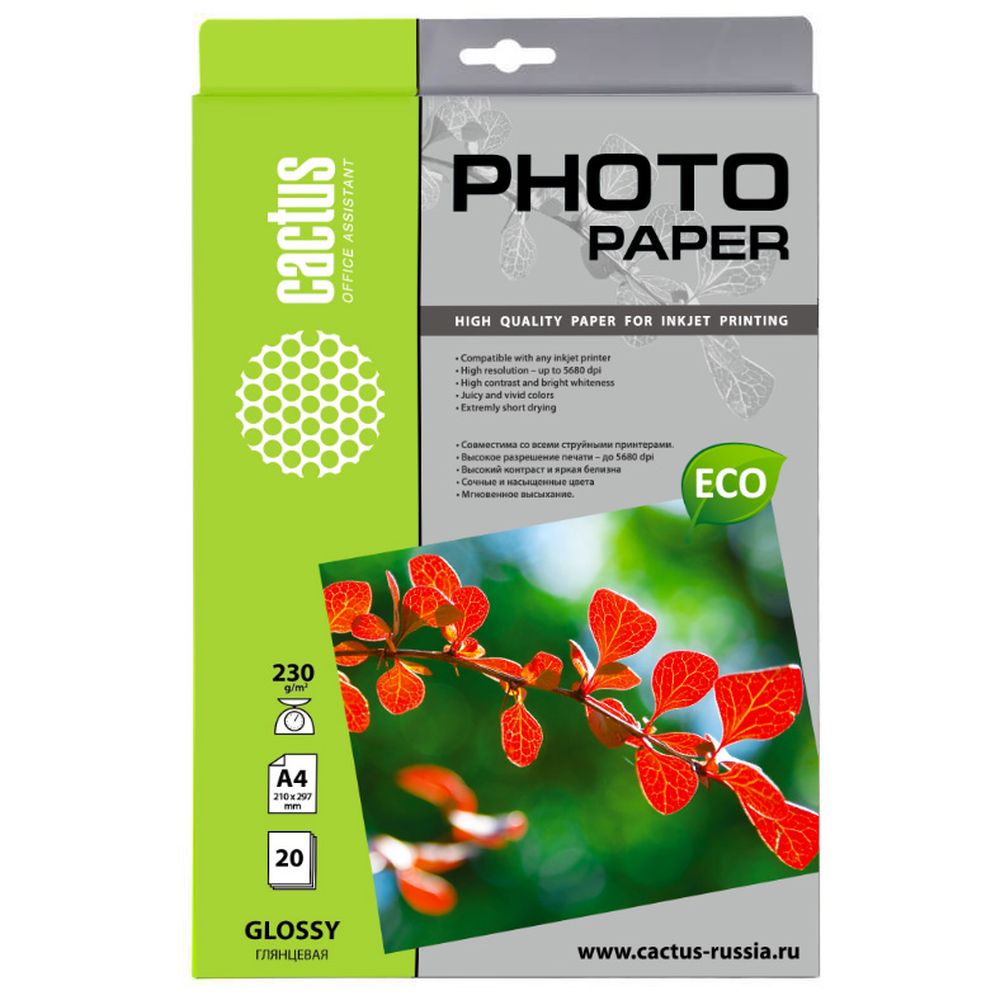 Фотобумага Cactus A4 глянцевая, 230г/м2, 20л, белая для струйной печати CS-GA423020E