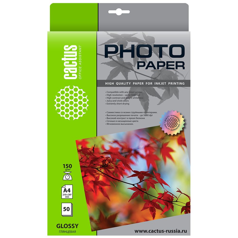 Фотобумага Cactus A4 глянцевая, 150г/м2, 50л, белая для струйной печати CS-GA415050