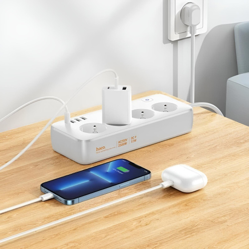 Удлинитель Hoco AC21 сетевой фильтр, 4 розетки+3xUSB-A+USB-C, 1.5 м черный