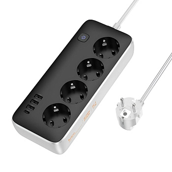 Удлинитель Hoco AC21 сетевой фильтр, 4 розетки+3xUSB-A+USB-C, 1.5 м черный
