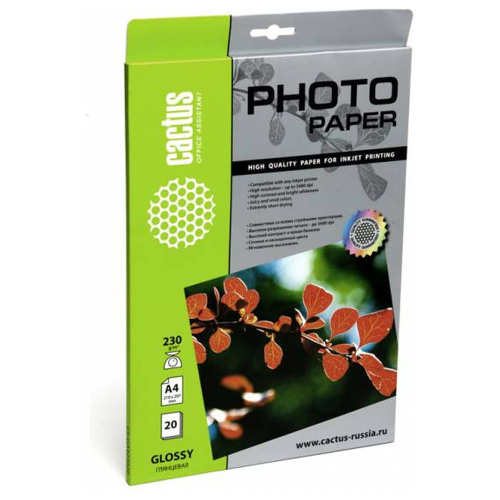 Фотобумага Cactus A4 глянцевая, 230г/м2, 20л, белая для струйной печати CS-GA423020