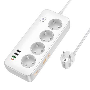 Удлинитель Hoco AC22 PD30W сетевой фильтр, 4 розетки+3xUSB-A+USB-C, 1.5 м белый