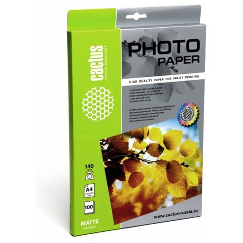 Фотобумага Cactus A4 матовая, 140г/м2, 100л, белая для струйной печати CS-MA4140100