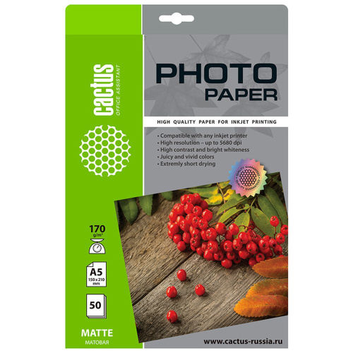 Фотобумага Cactus A5 матовая, 170г/м2, 50л, белая для струйной печати CS-MA517050