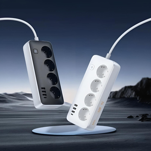 Удлинитель Hoco AC21 сетевой фильтр, 4 розетки+3xUSB-A+USB-C, 1.5 м белый