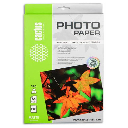 Фотобумага Cactus A4 матовая 190г/м2, 100л,  для струйной печати CS-MA4190100