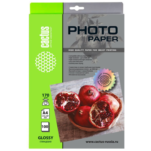 Фотобумага Cactus A4 глянцевая, 170г/м2, 100л., белая для струйной печати CS-GA4170100