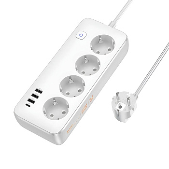 Удлинитель Hoco AC21 сетевой фильтр, 4 розетки+3xUSB-A+USB-C, 1.5 м белый