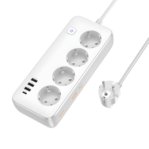 Удлинитель Hoco AC21 сетевой фильтр, 4 розетки+3xUSB-A+USB-C, 1.5 м белый