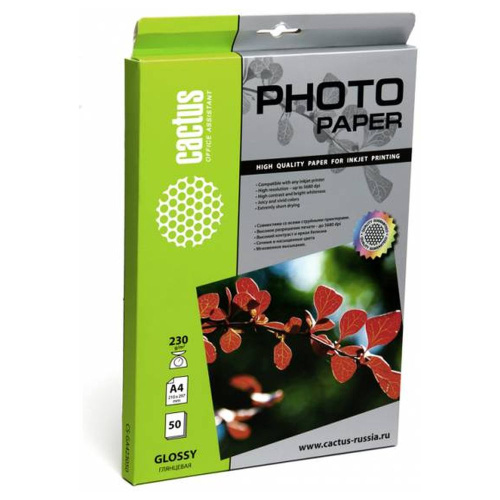 Фотобумага Cactus A4 глянцевая, 230г/м2, 50л, белая для струйной печати CS-GA423050