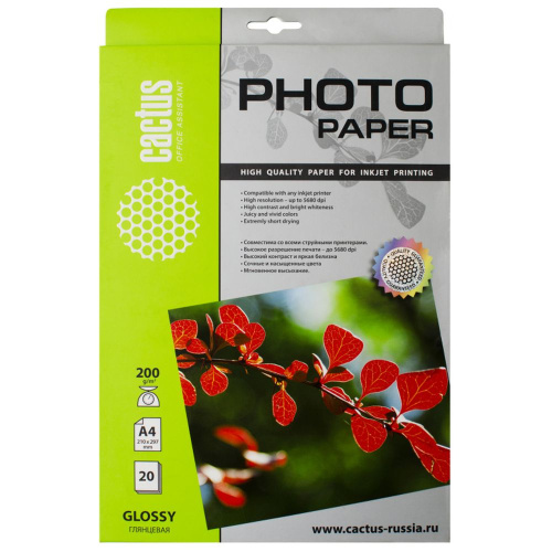 Фотобумага Cactus A4 глянцевая, 200г/м2, 20л, белая для струйной печати CS-GA420020